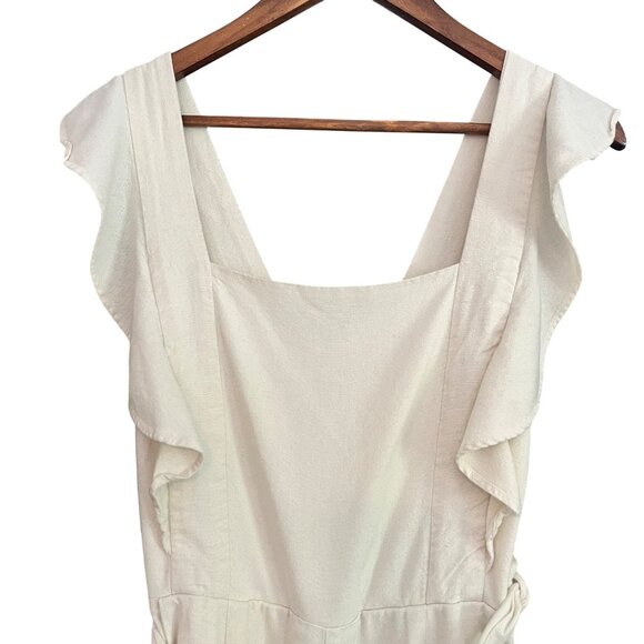 Cream Ruffle Sleeve Linen Blend Jumpsuit With Waist Tie Square Neckline & Wide L - Picture 4 of 11
